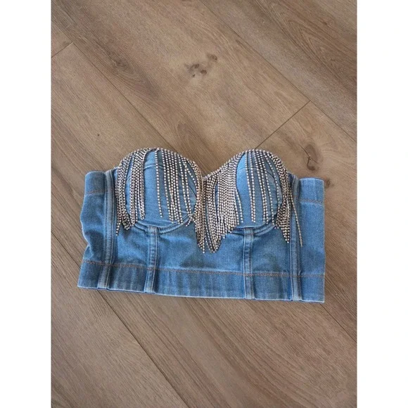 Y2K Denim Rhinestone Fringe Corset Top Lingerie Strap or Strapless‎ Bustier - Picture 5 of 6